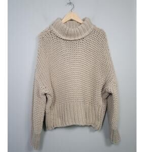Free People M Chunky Knit Turtleneck Sweater Beige Cotton Blend